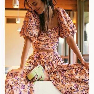 Free People Sunday Linen Blend Two-Piece Set Peach Combo XS